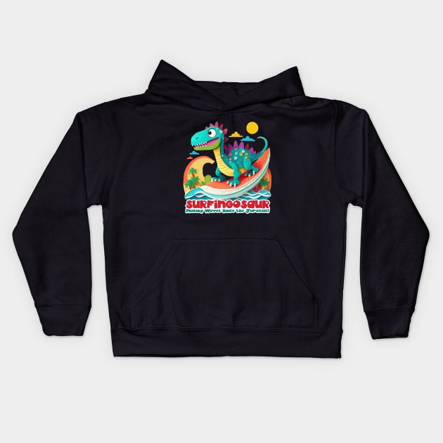 Dinosaur Surfing Funny Kids Hoodie by sovadesignstudio